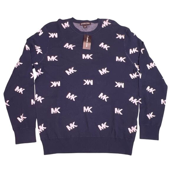 Michael Kors Men's All Over Print MK Logo Crewneck Sweater Blue NWT Size Large - Picture 1 of 6